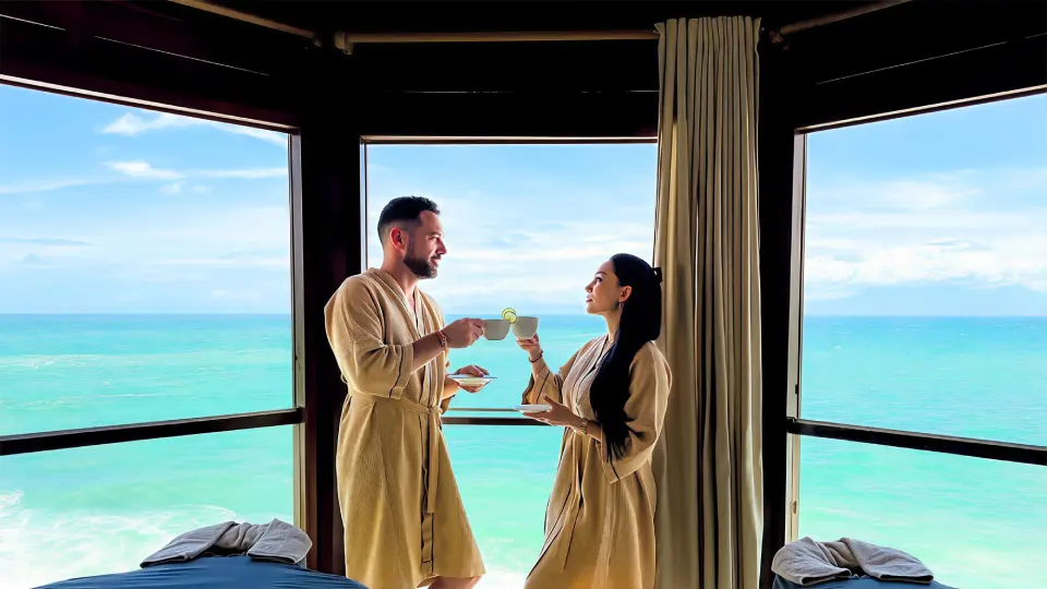Couple in bathrobes at Senses Spa with panoramic ocean view