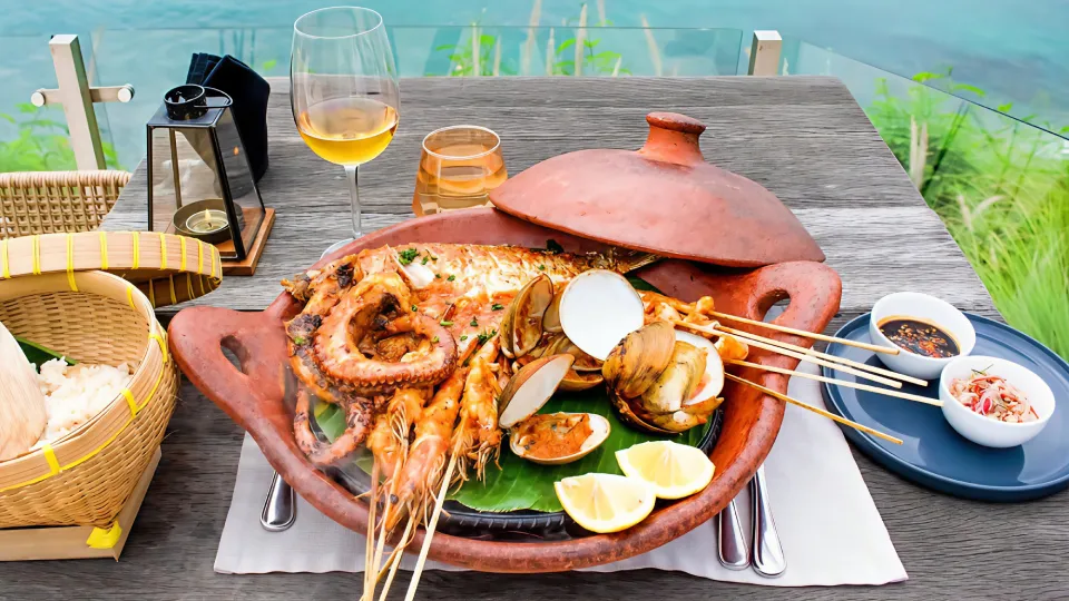 The View Ocean Feast, grilled seafood platter with fish, prawns and clams