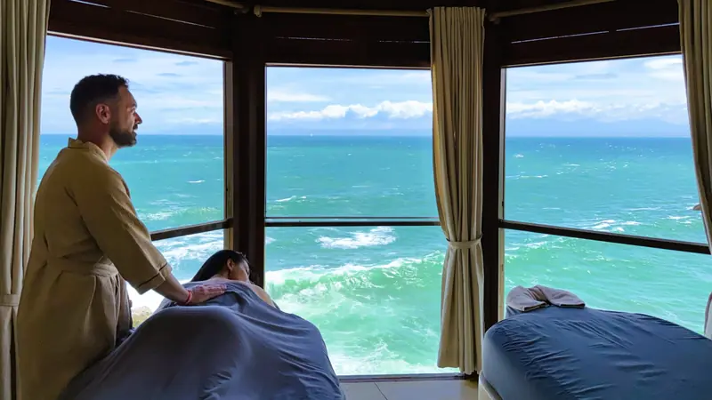 Soins de massage avec vue sur l'océan au Senses Spa Bali
